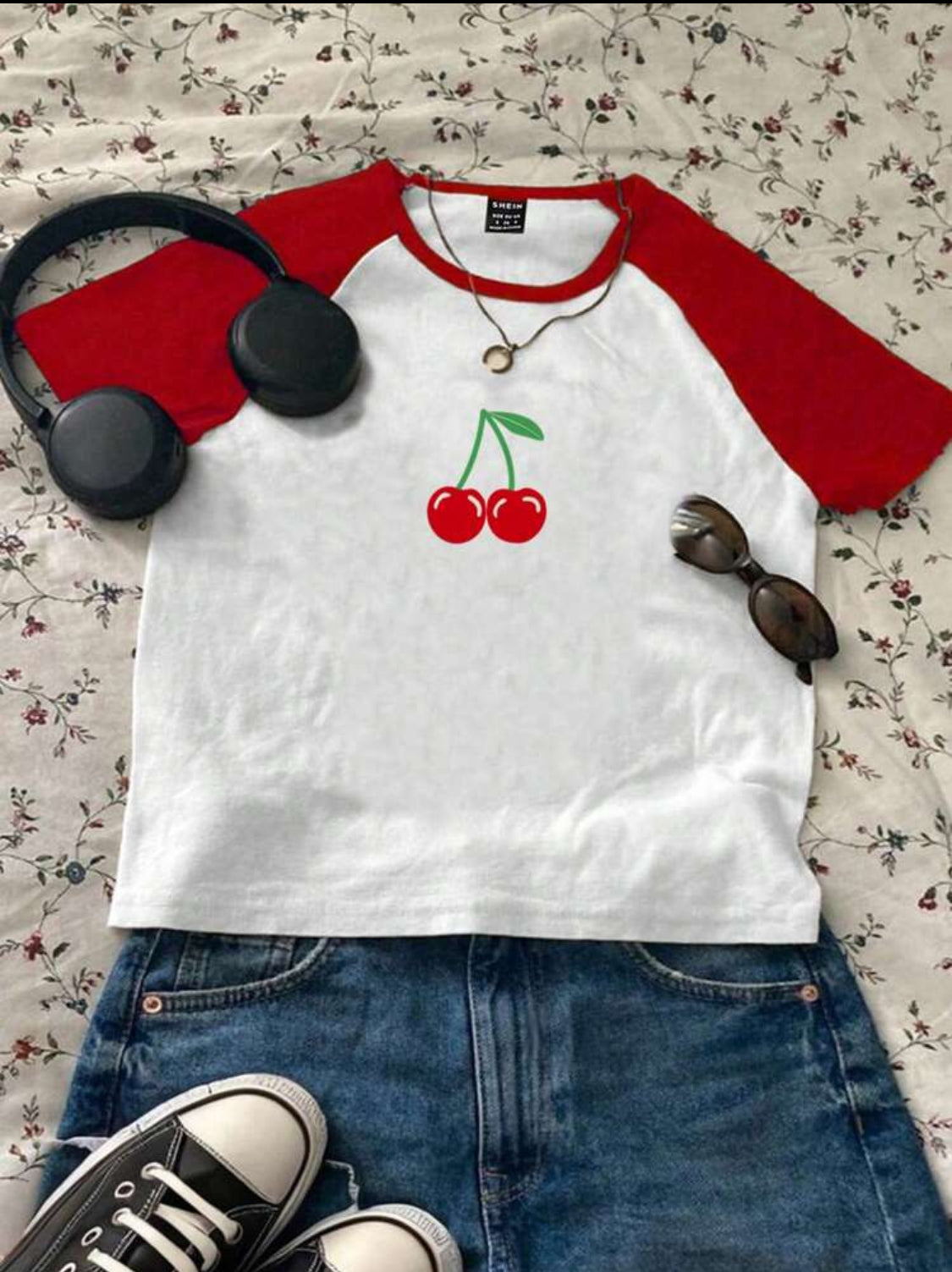 Divinelle Camiseta casual de cuello redondo, manga raglán corta y corta en rojo y blanco con estampado de cerezas, apropiada para el verano