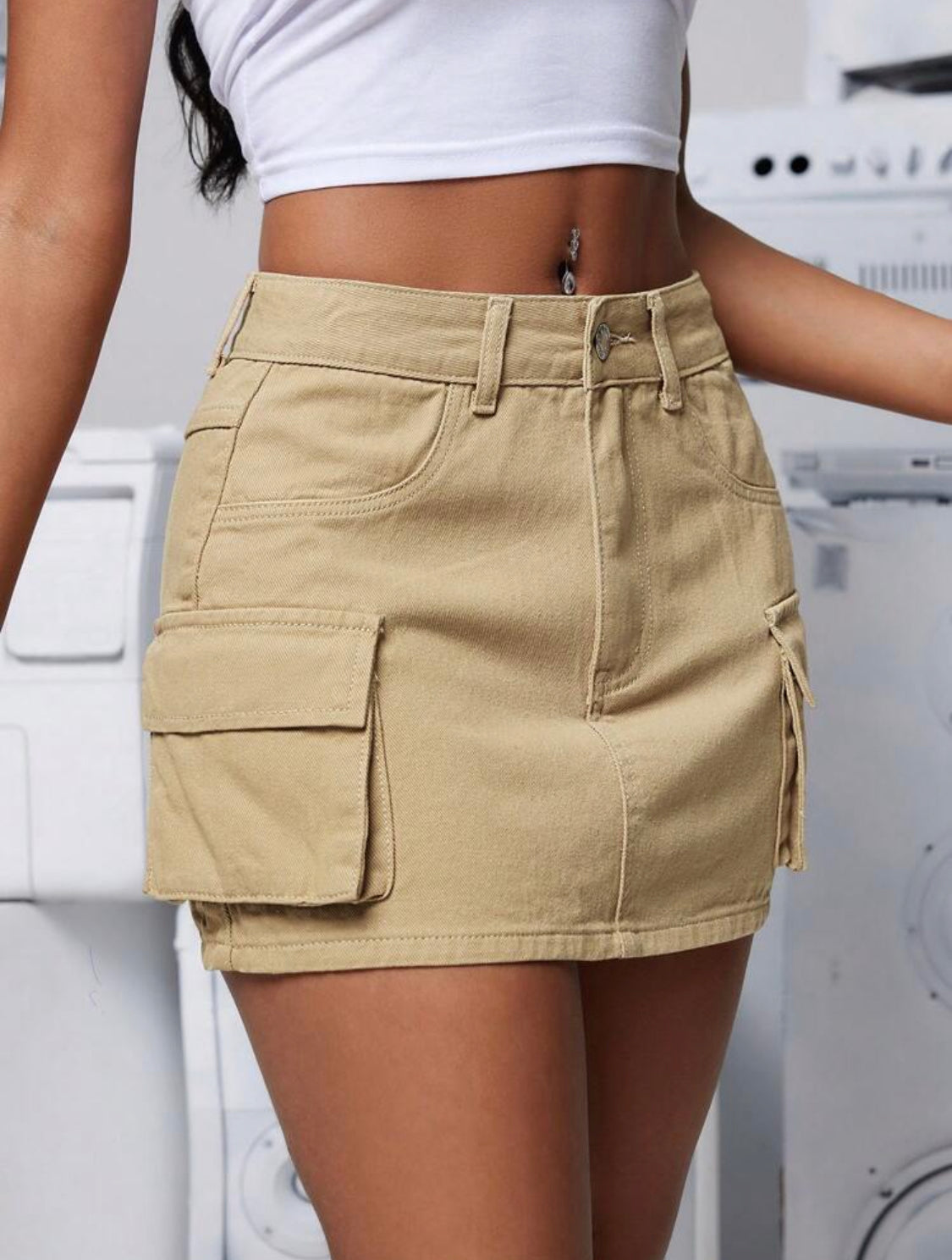 SHEIN PETITE Falda vaquera casual de unicolor para verano con bolsillos utilitarios
