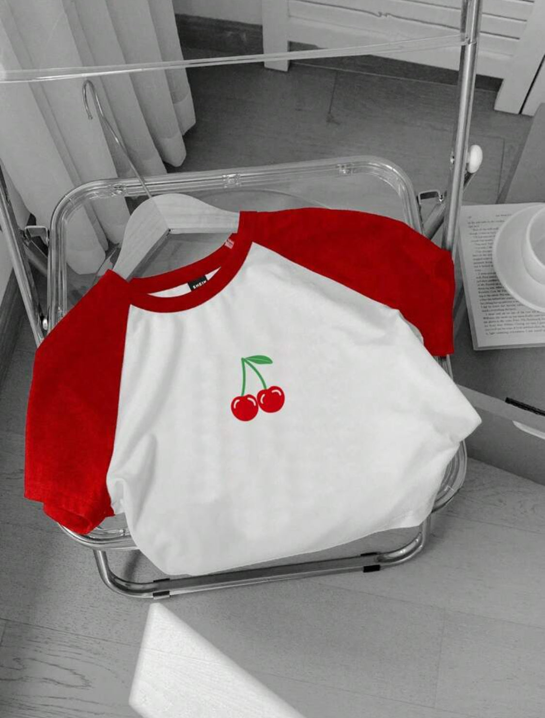 Divinelle Camiseta casual de cuello redondo, manga raglán corta y corta en rojo y blanco con estampado de cerezas, apropiada para el verano