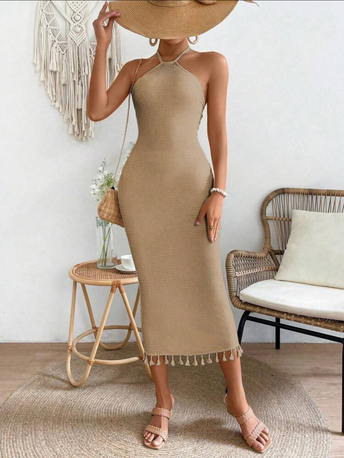 SHEIN Holidaya Mujeres vestido de ajuste delgado con escote descubierto con hombros al aire y espalda descubierta en unicolor con borlas
