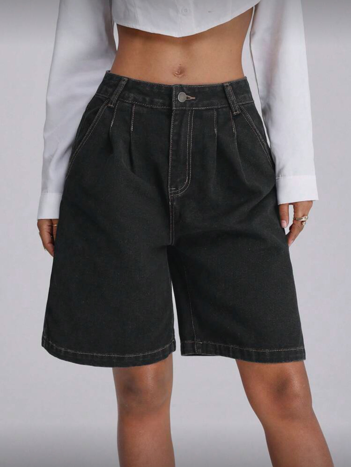 Forever 21 Pantalones cortos informales de cintura alta, plisados, sueltos, de pierna ancha, de tela vaporosa para otoño e invierno