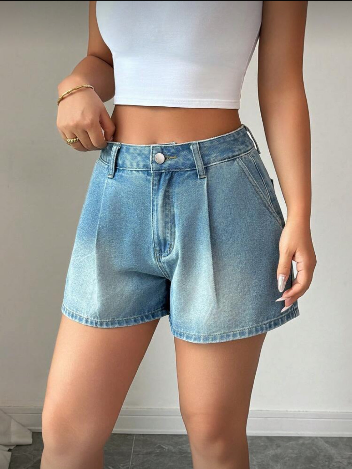 Elenzga Pantalones cortos de mezclilla sueltos, casuales y versátiles con bolsillos y pliegues para mujer