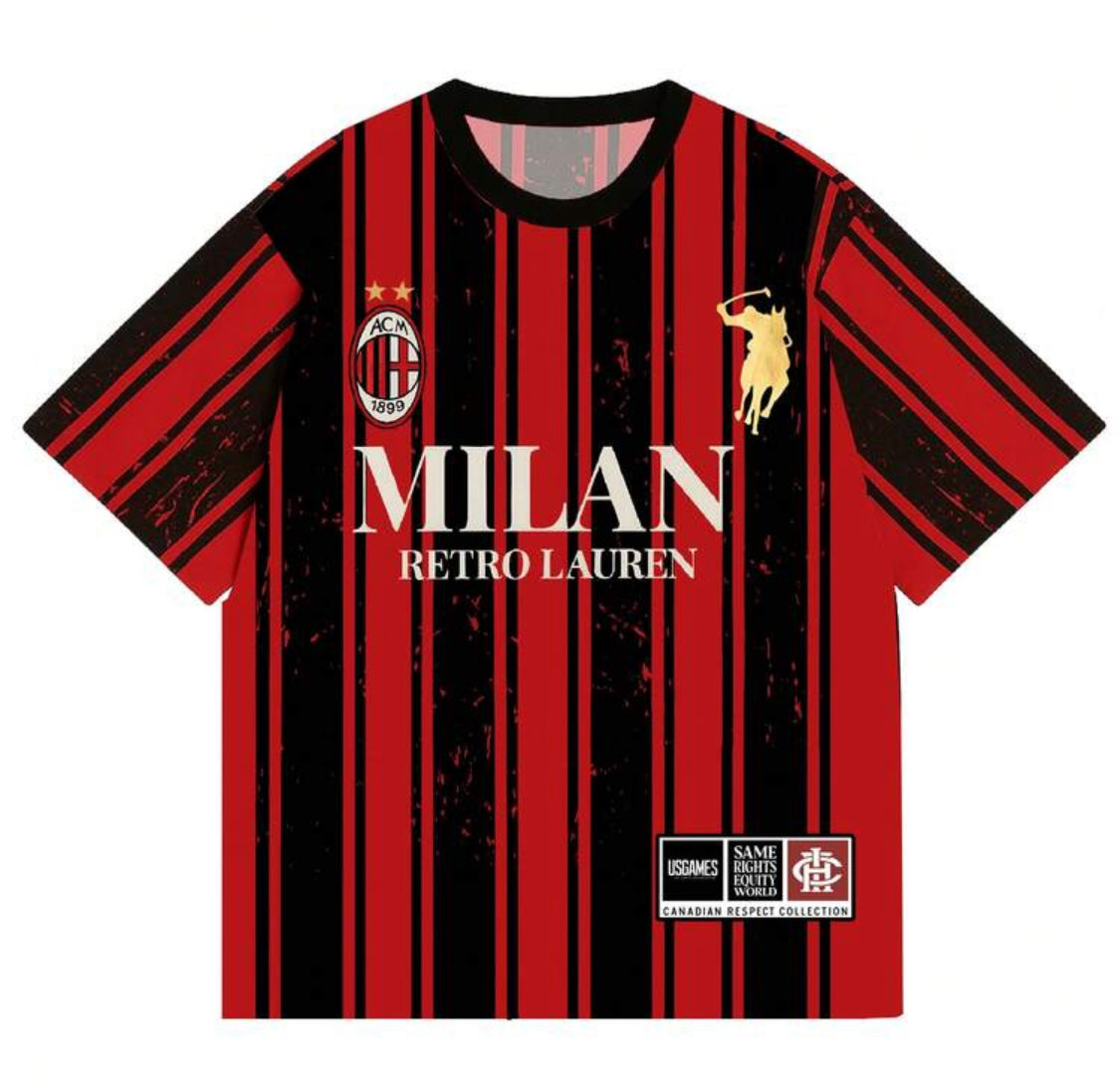 Ropa deportiva para hombres, Serie Milán Camiseta deportiva de contraste de color rojo y negro, Camiseta de manga corta a rayas rojas y negras, Parte superior suelta de estilo de cultura futbolística, Serie CANADIAN PROJECT COLLECTION