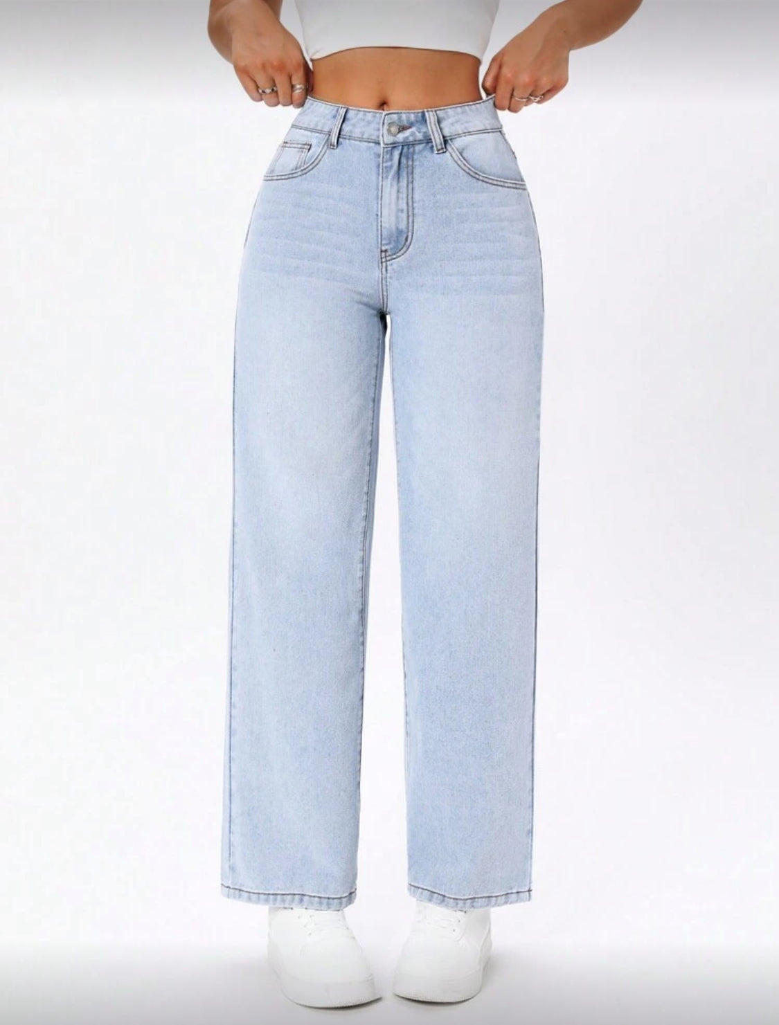 Jeans de mezclilla casuales para mujer con botones frontales, múltiples bolsillos y decoración de lazo