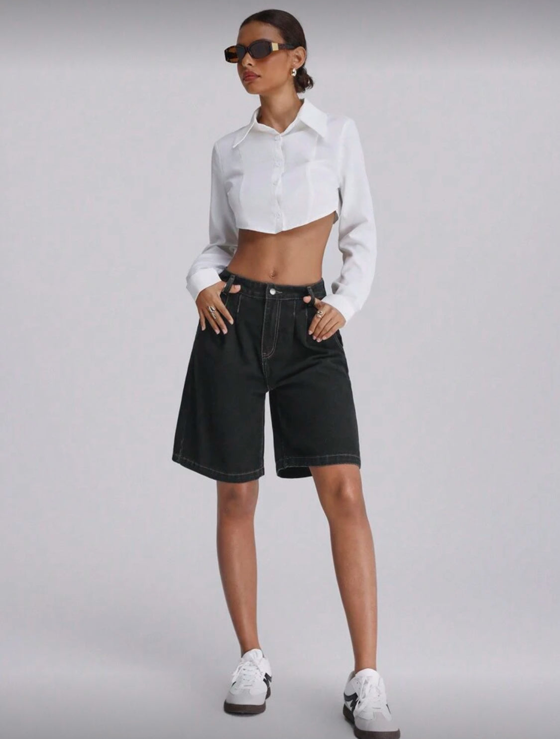 Forever 21 Pantalones cortos informales de cintura alta, plisados, sueltos, de pierna ancha, de tela vaporosa para otoño e invierno