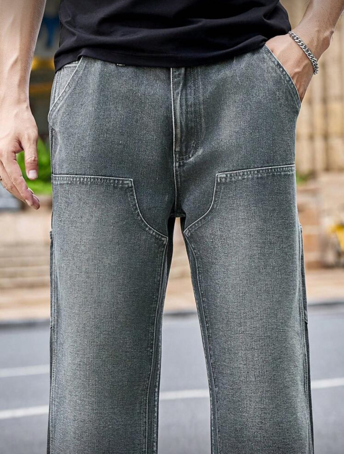 Manfinity Homme Jeans casuales rectos y holgados con bolsillos para hombre, moda urbana