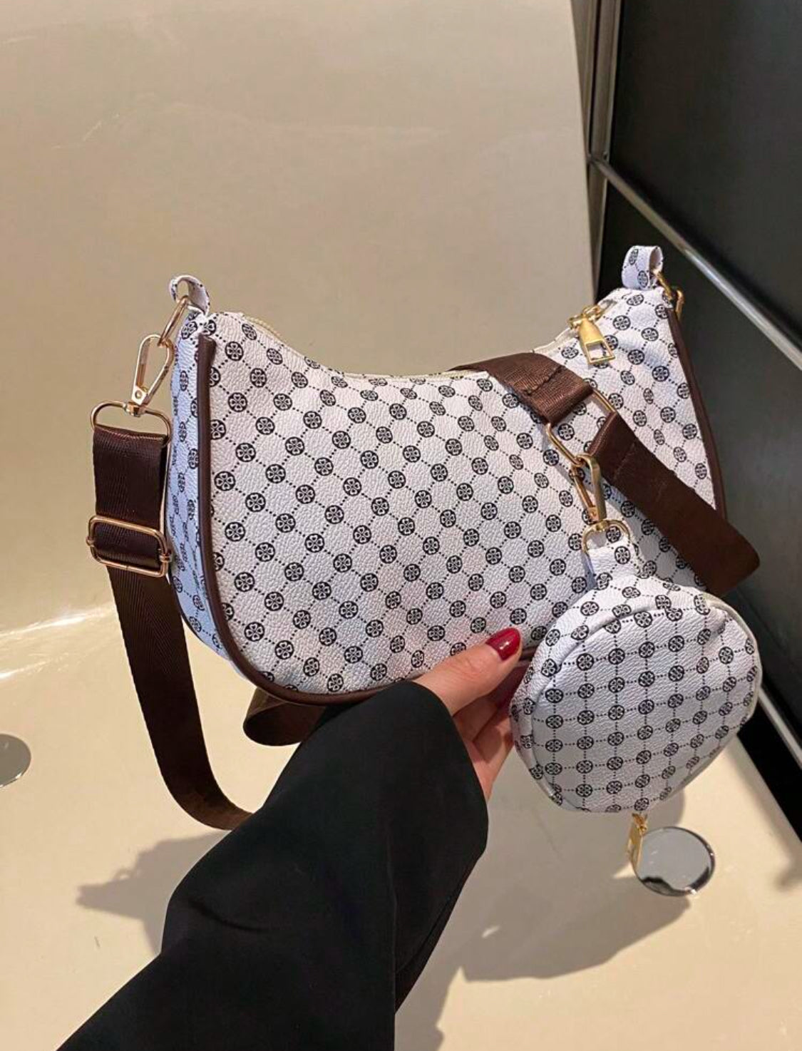 Bolso Hobo Con Estampado Geométrico Con Cremallera Y Monedero, Bolso De Mujer Con Bolso De Diez Centavos