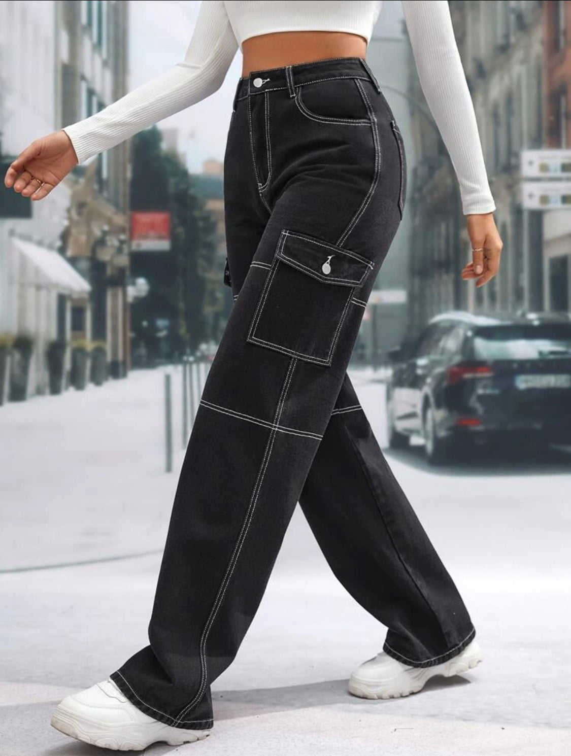 SHEIN Tall Jeans de talle alto con bolsillo con solapa puntada