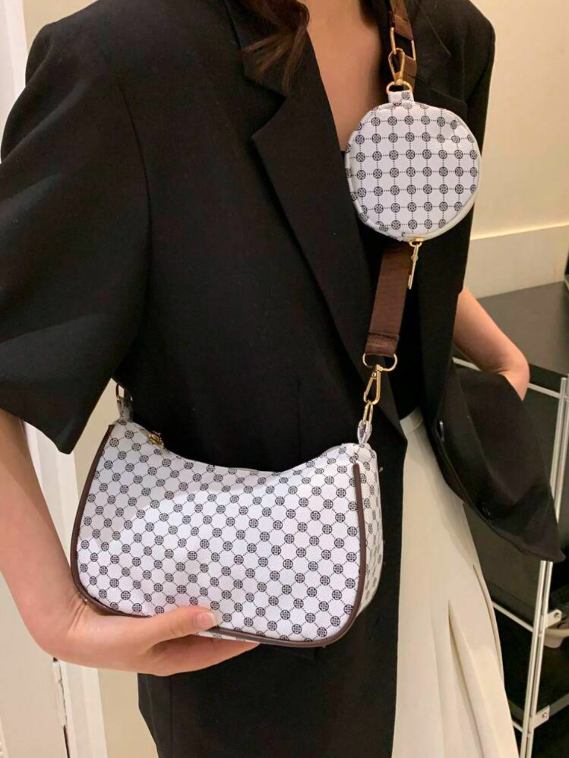 Bolso Hobo Con Estampado Geométrico Con Cremallera Y Monedero, Bolso De Mujer Con Bolso De Diez Centavos