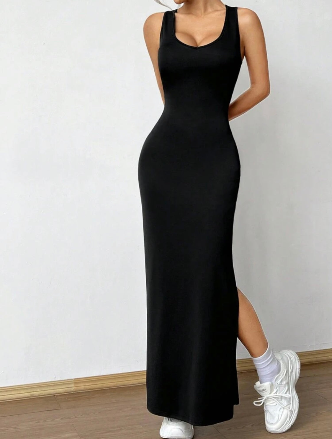 SHEIN MOOSTA Vestido largo de verano para mujer con solapa sólida, abertura trasera con correa cruzada y ajustado al Body