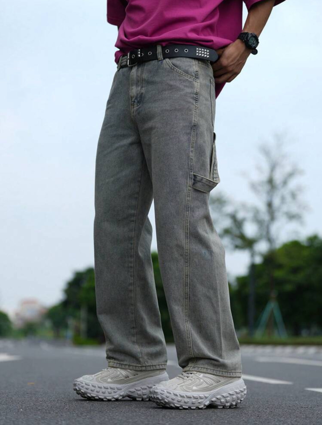 Manfinity Hypemode Pantalones vaqueros rectos informales de unicolor con bolsillos para hombres