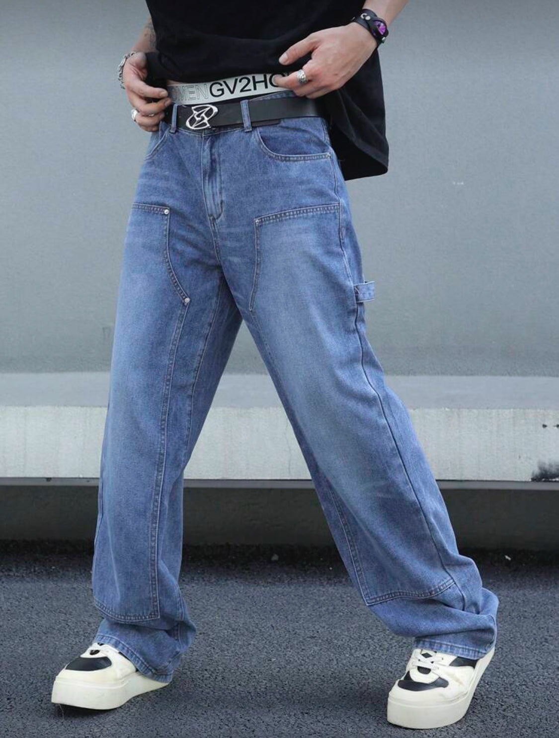 Manfinity LEGND Pantalones de mezclilla con botones y múltiples bolsillos para hombre, uso casual de todos los días