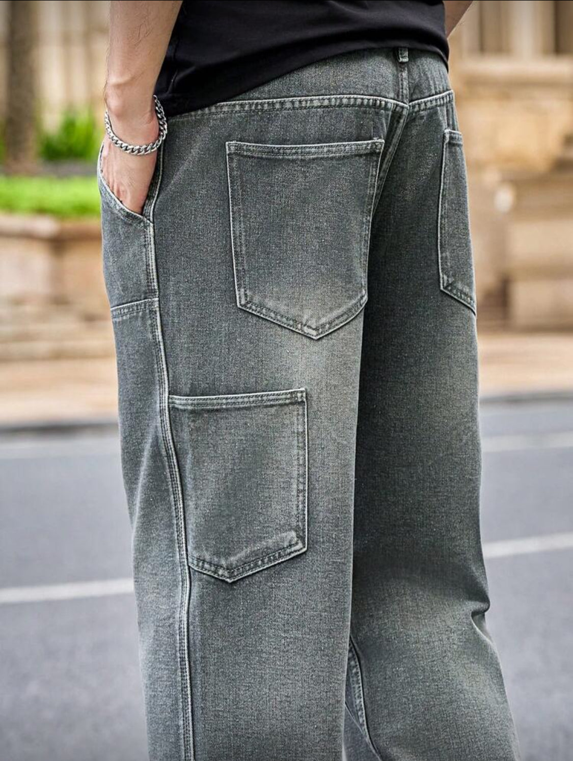 Manfinity Homme Jeans casuales rectos y holgados con bolsillos para hombre, moda urbana