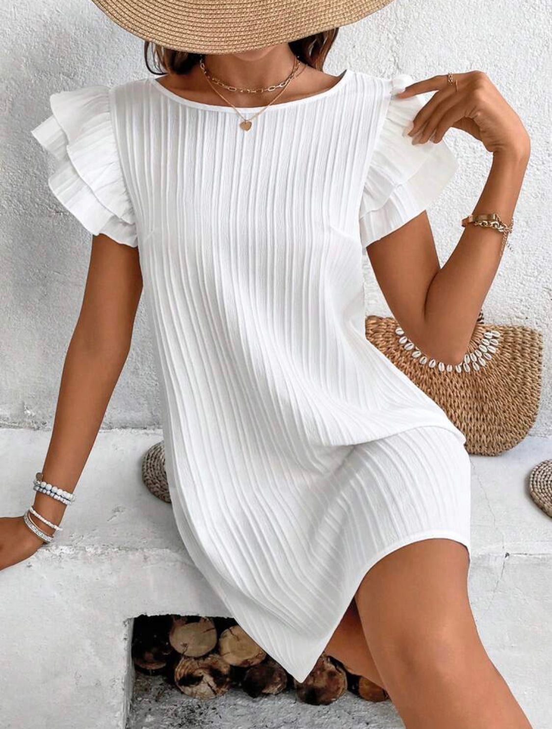 SHEIN Holidaya Vestido De Cuello Redondo Y Manga Fruncida Para Mujer