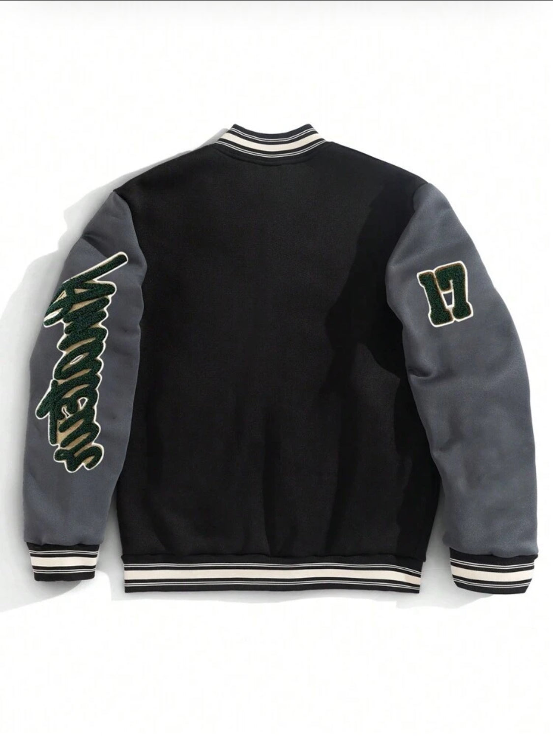 Manfinity Homme Chaqueta de béisbol con interior térmico, estilo universitario casual, con estampado de eslogan y ribete a rayas en contraste, para otoño/invierno