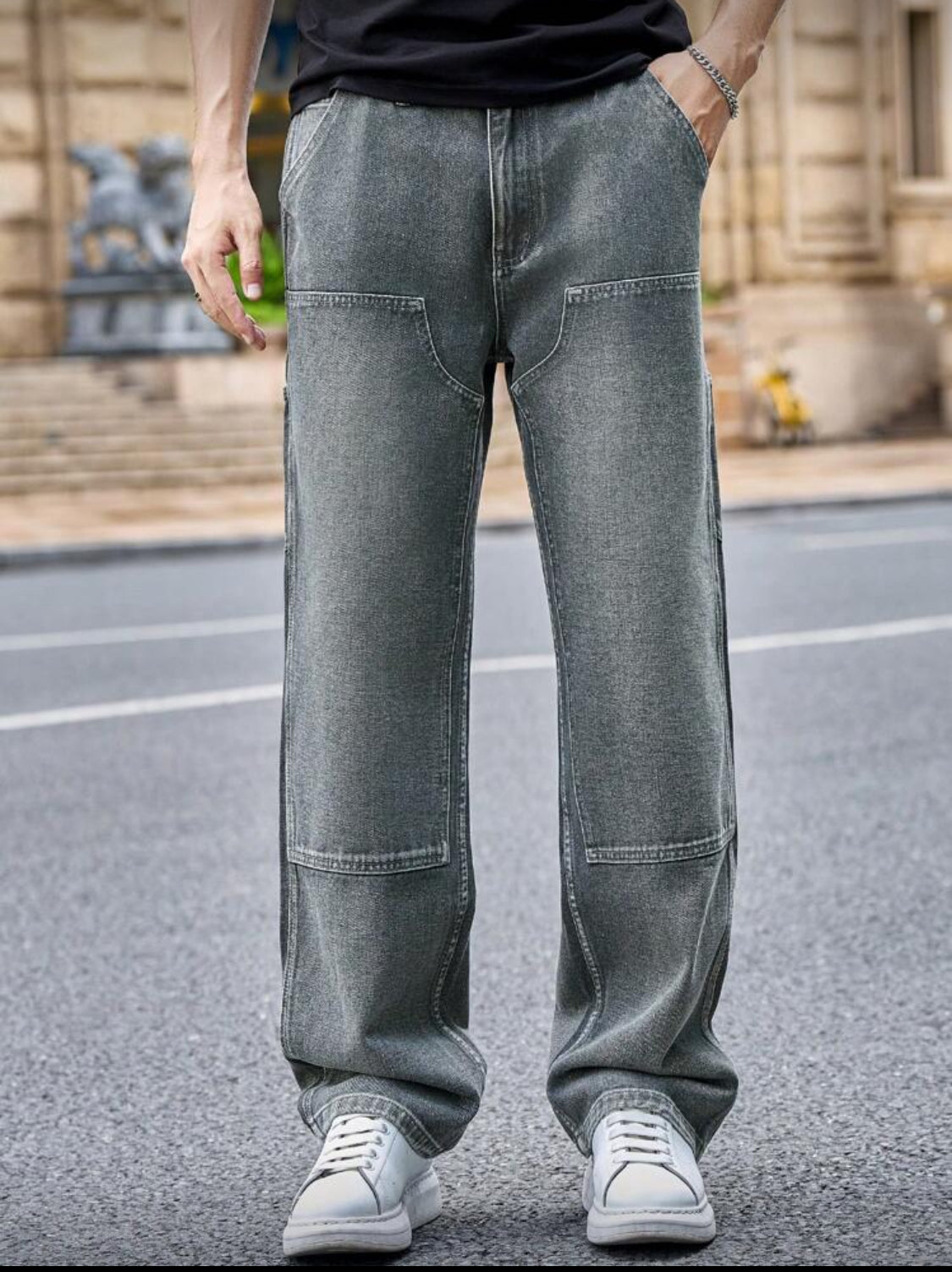 Manfinity Homme Jeans casuales rectos y holgados con bolsillos para hombre, moda urbana