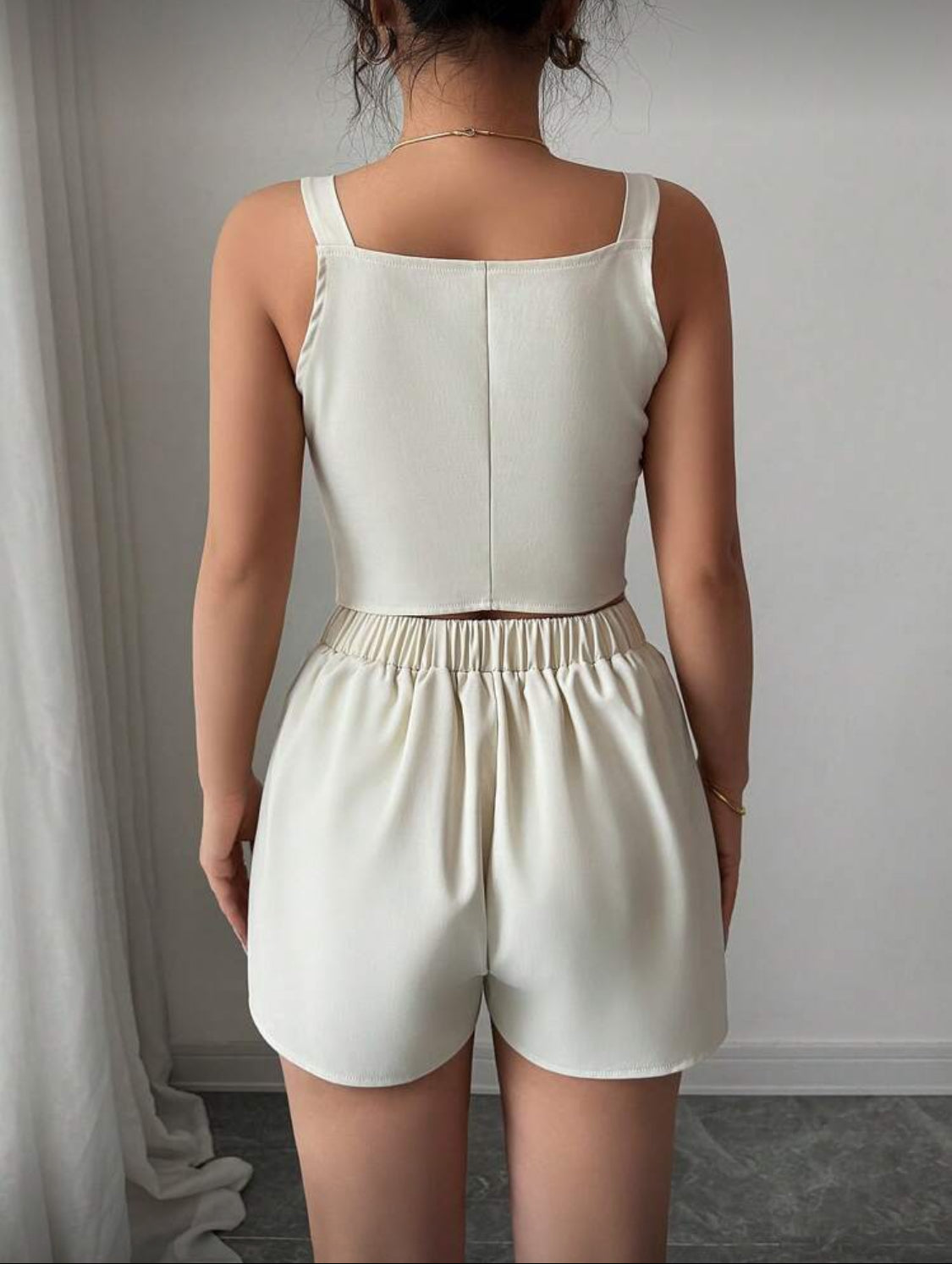 Selianne Conjunto de 2 piezas para mujer, con top de cierre a presión y abertura en borde + shorts en unicolor simple de estilo casual y de diario
