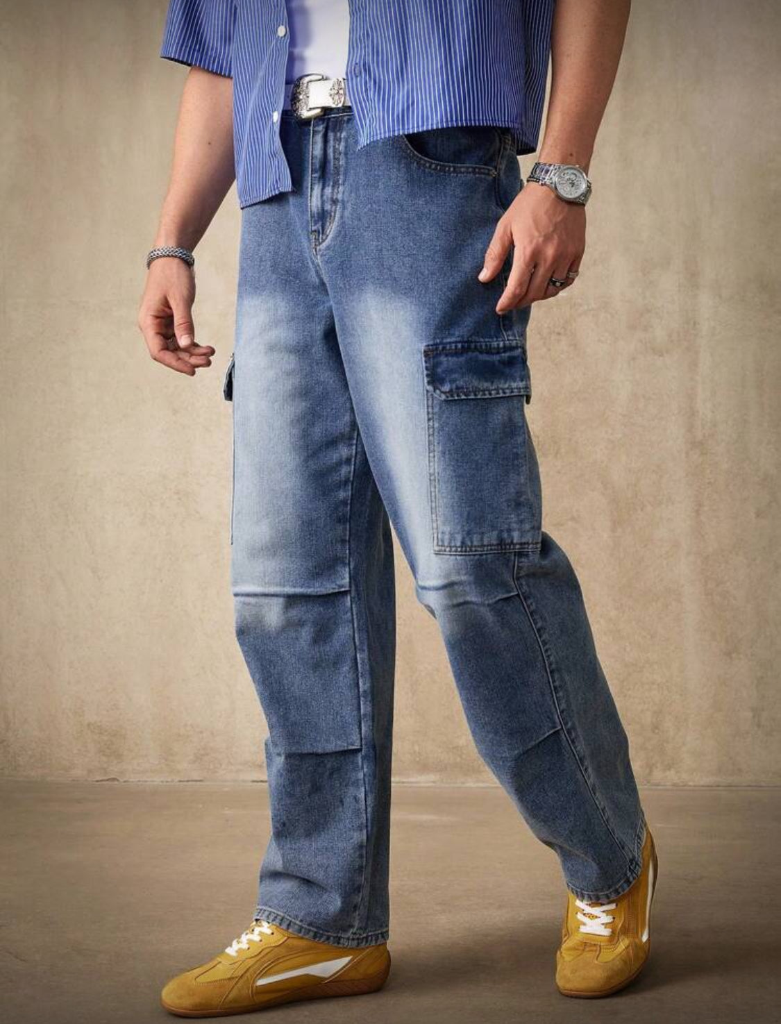 RivetRise Pantalones vaqueros de carga de mezclilla lavados informales para hombres