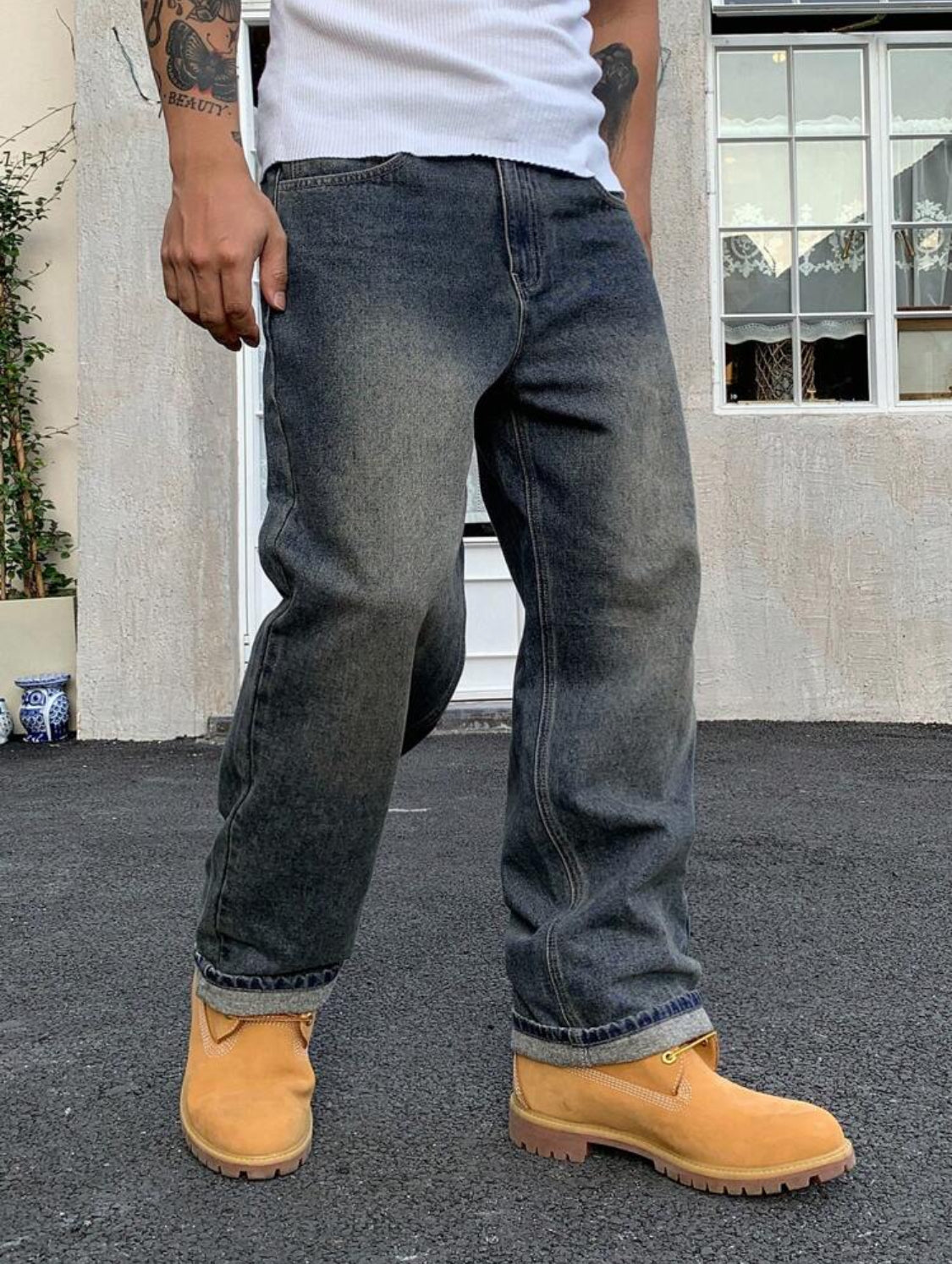 DAZY Pantalones vaqueros rectos informales para hombre con presillas para cinturón y bolsillos, unicolor, otoño