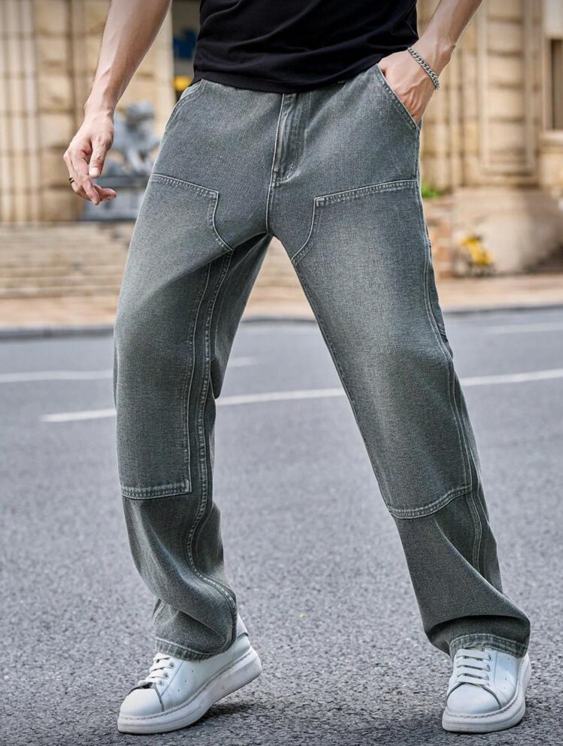 Manfinity Homme Jeans casuales rectos y holgados con bolsillos para hombre, moda urbana