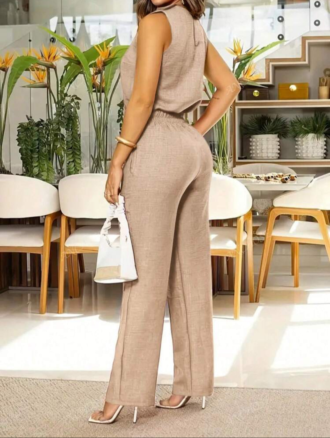 Set de 2 piezas para mujer con chaleco sin mangas casual y pantalones largos con bolsillos en diagonal y detalles de botones, elegante