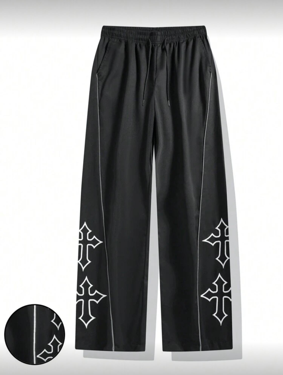 1 pieza Pantalones casuales con bordado de cruz para hombres, con cordón, ribete reflectante, adecuados para uso casual, playa, trabajo, entrenamiento