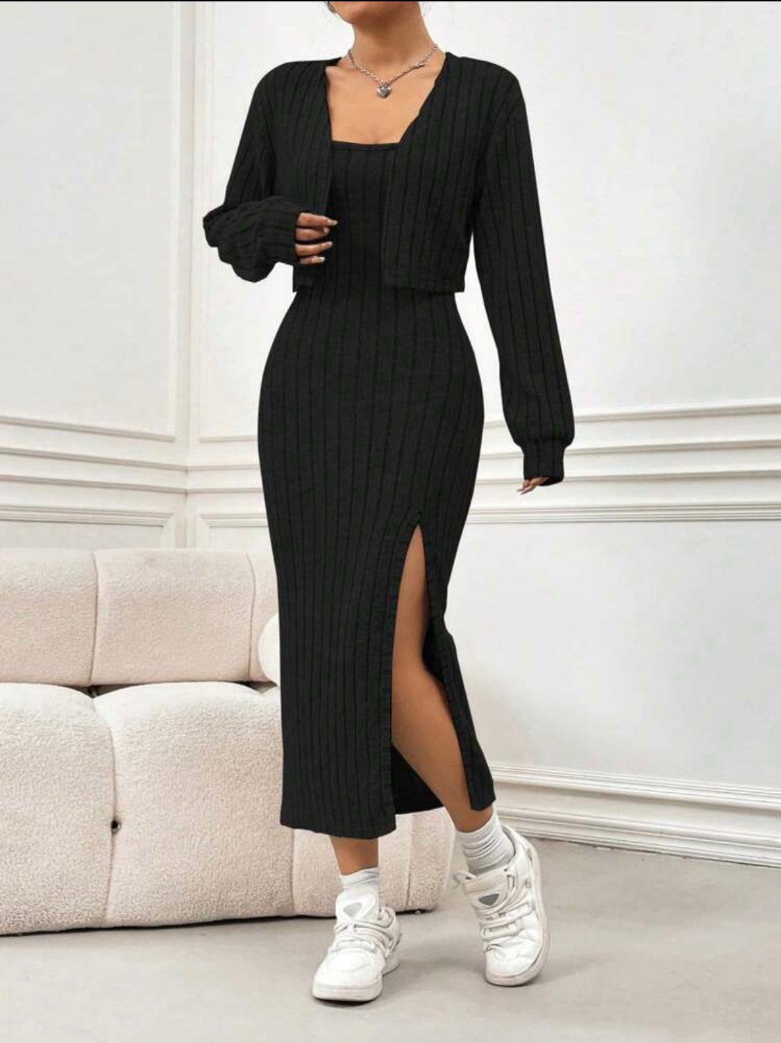 SHEIN MOOSTA Vestido Y Abrigo Con Tirantes De Espagueti Simple Y Casual, De Franela