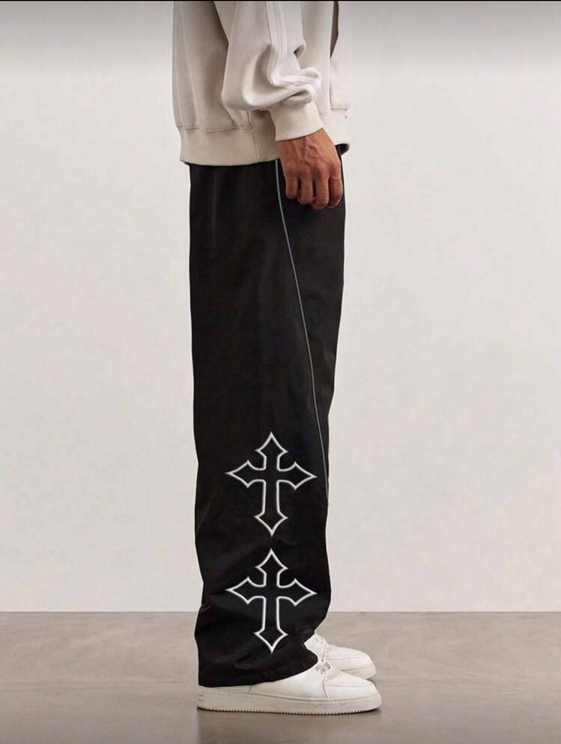 1 pieza Pantalones casuales con bordado de cruz para hombres, con cordón, ribete reflectante, adecuados para uso casual, playa, trabajo, entrenamiento