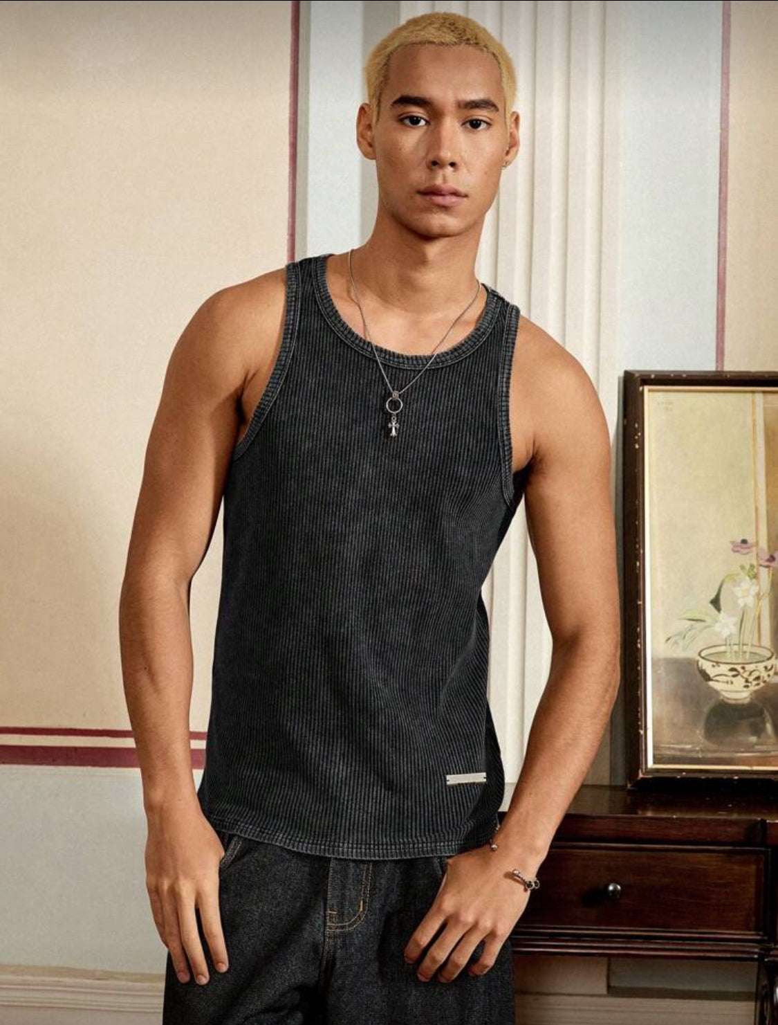 SWAVVY Camiseta sin mangas de cuello redondo de algodón negro salpicado ligera y informal para hombre, verano