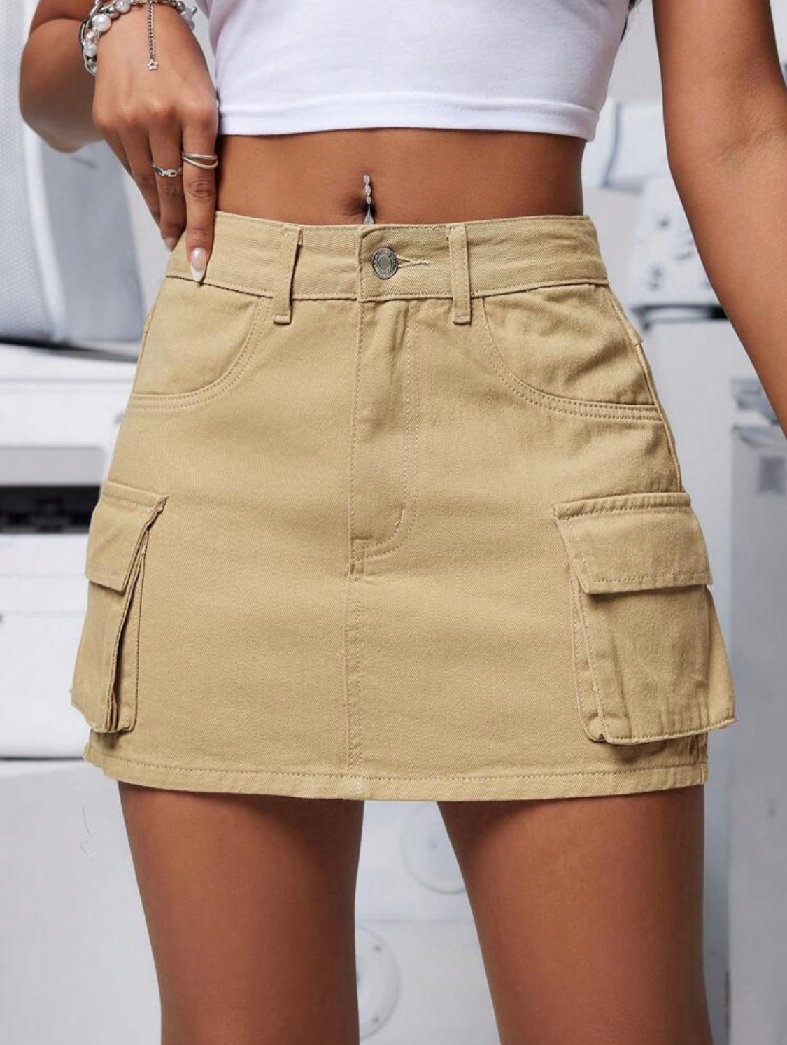 SHEIN PETITE Falda vaquera casual de unicolor para verano con bolsillos utilitarios