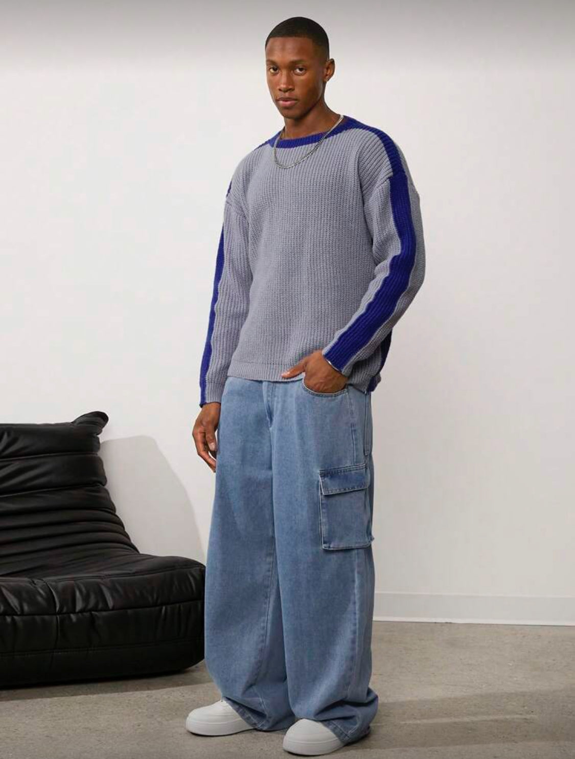 Forever 21 Pantalón vaquero cargo holgado para hombres en índigo claro