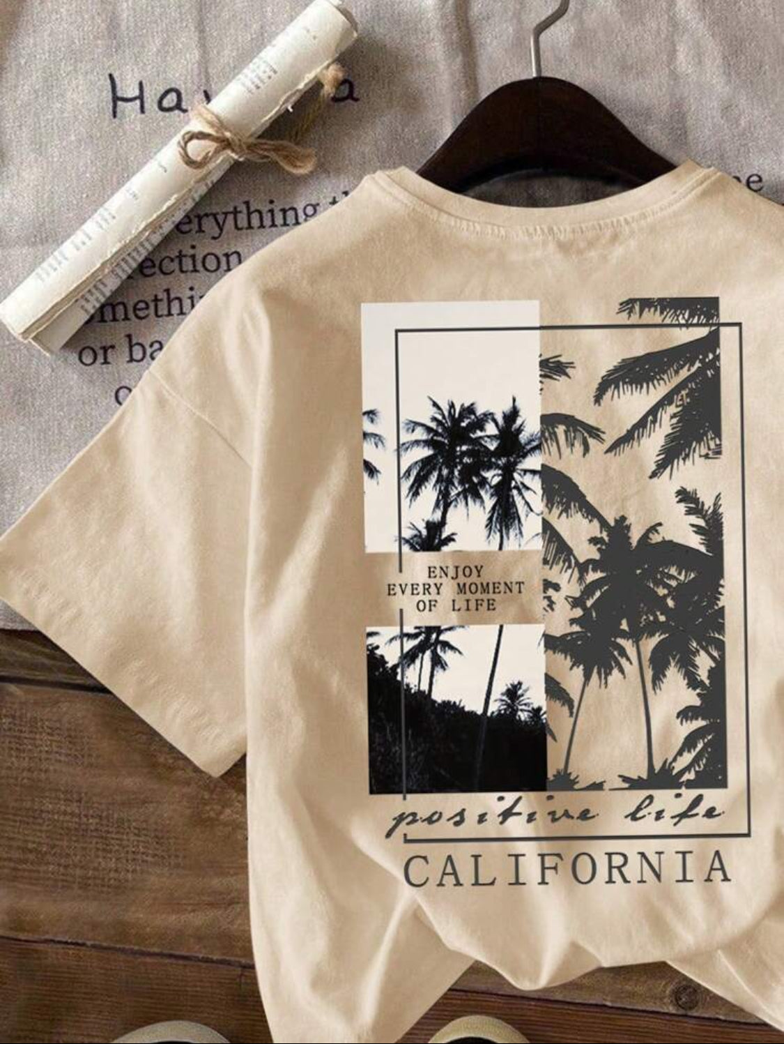 Remera Oversize SHEIN Attitoon Camiseta holgada de manga corta cuello redondo, estampado de árbol de palma casual y sencillo para mujer, mezcla de algodón, verano