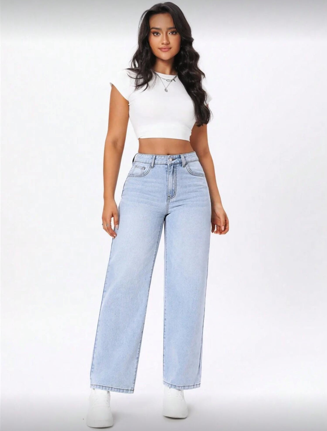 Jeans de mezclilla casuales para mujer con botones frontales, múltiples bolsillos y decoración de lazo