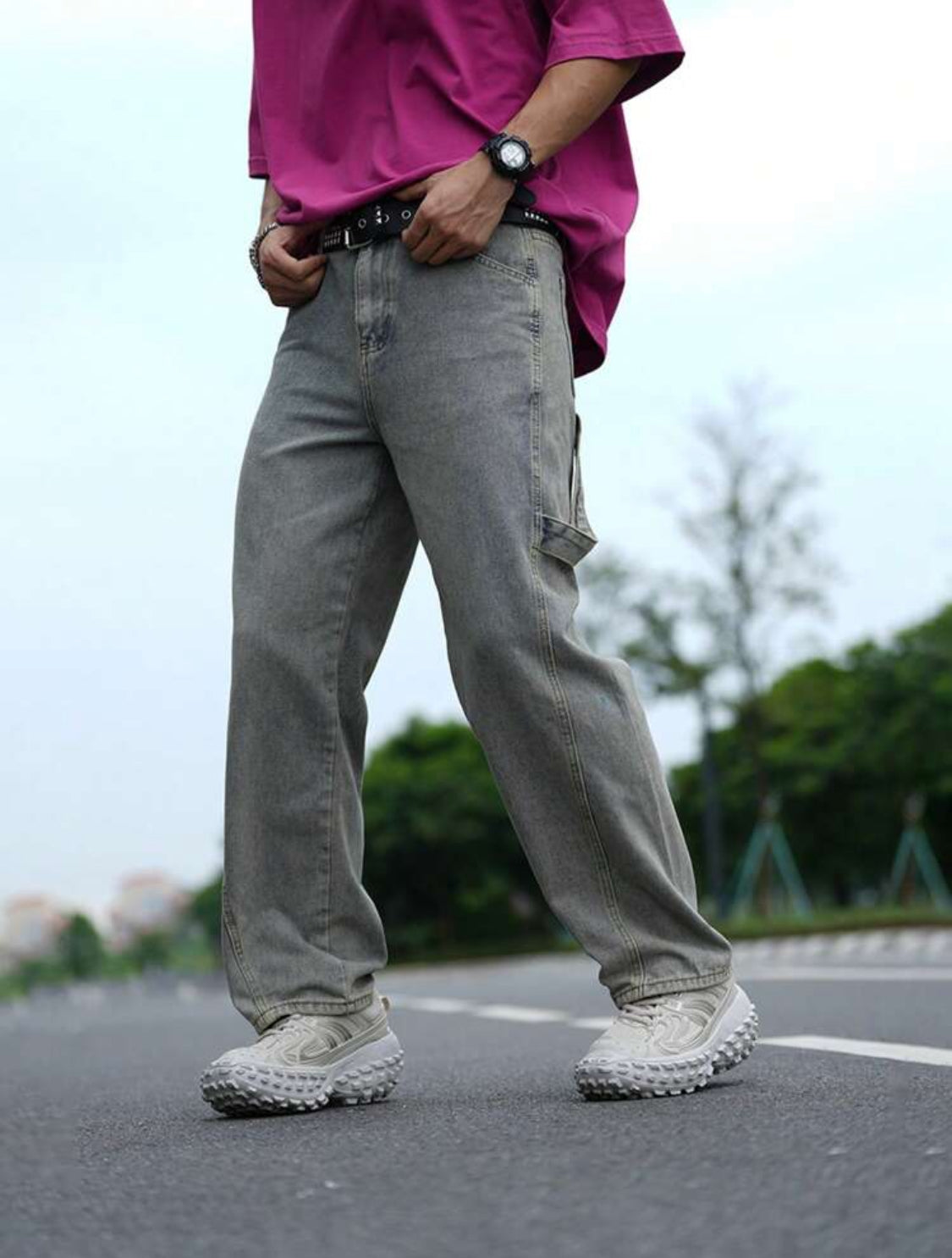 Manfinity Hypemode Pantalones vaqueros rectos informales de unicolor con bolsillos para hombres