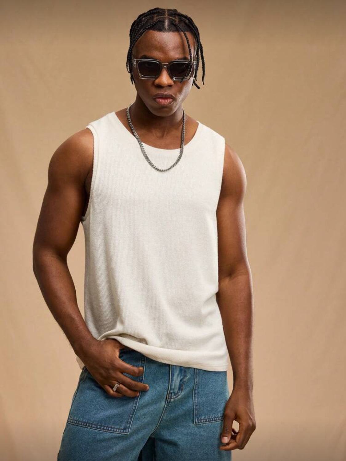 Forever 21 Camiseta sin mangas tejida para hombres, de estilo occidental, casual y de moda, de corte holgado y liso, para uso diario, vacaciones y amigos