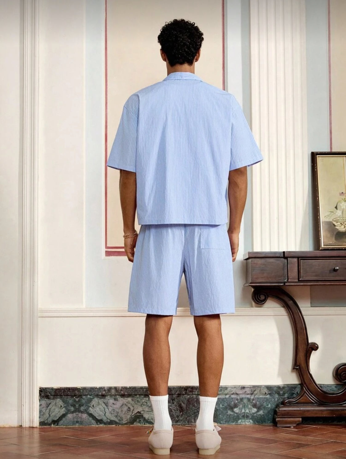 SWAVVY Set de 2 piezas de camisa casual de rayas tejida y pantalones cortos rectos de cintura elástica para hombres