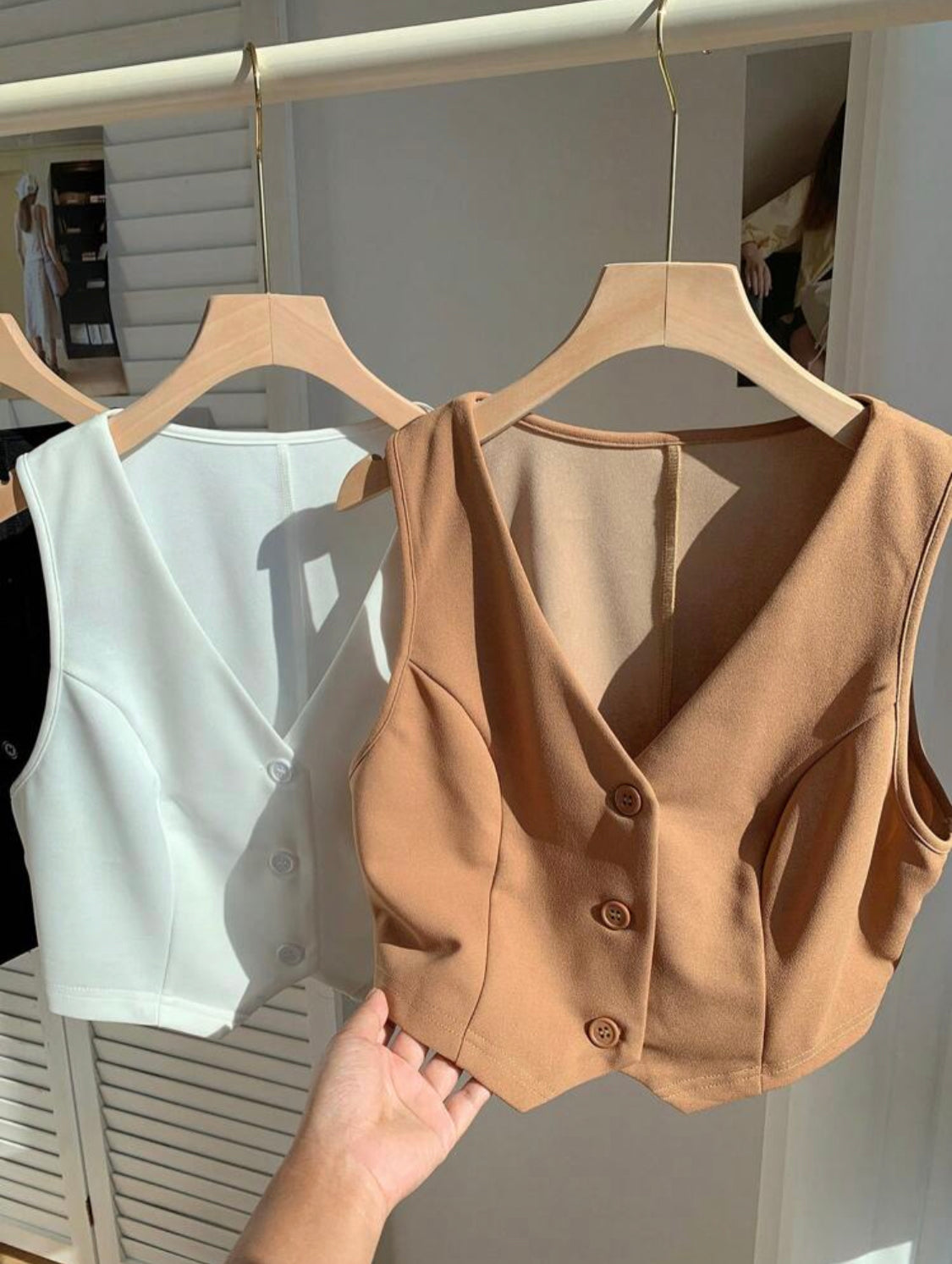 SHEIN Comfortcana 3 piezas/Conjunto de chaleco de verano de mujer de cuello en V sólido y de un solo botonadura (blazer)