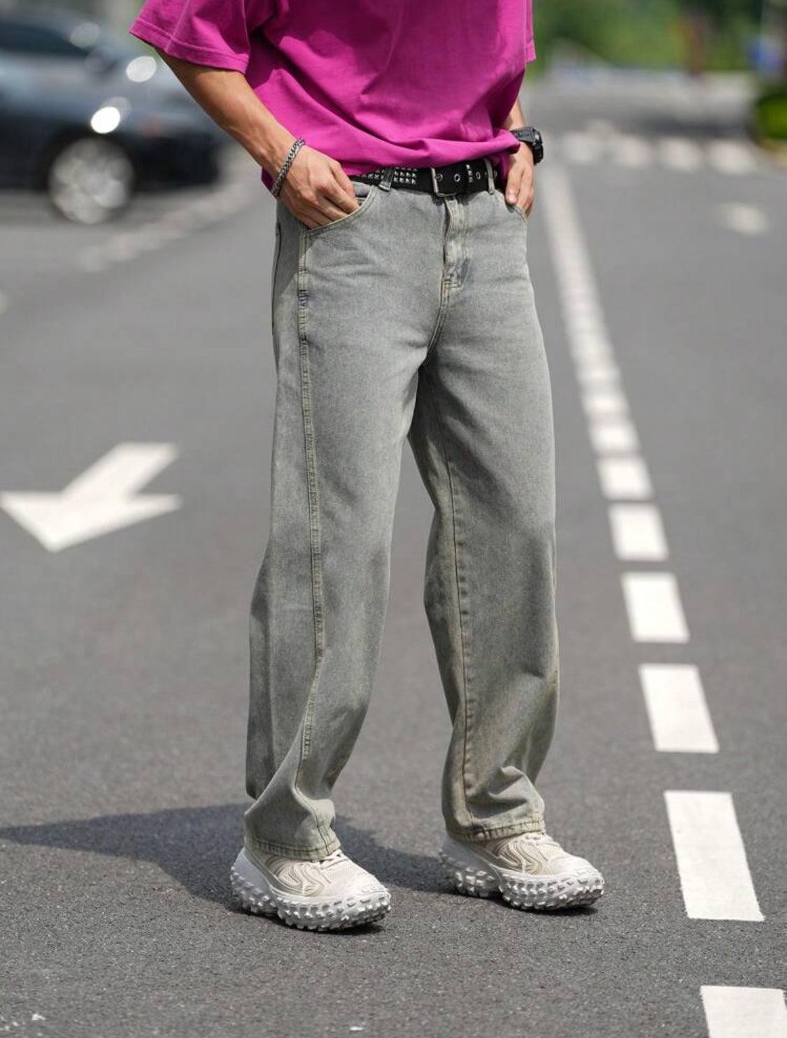 Manfinity Hypemode Pantalones vaqueros rectos informales de unicolor con bolsillos para hombres