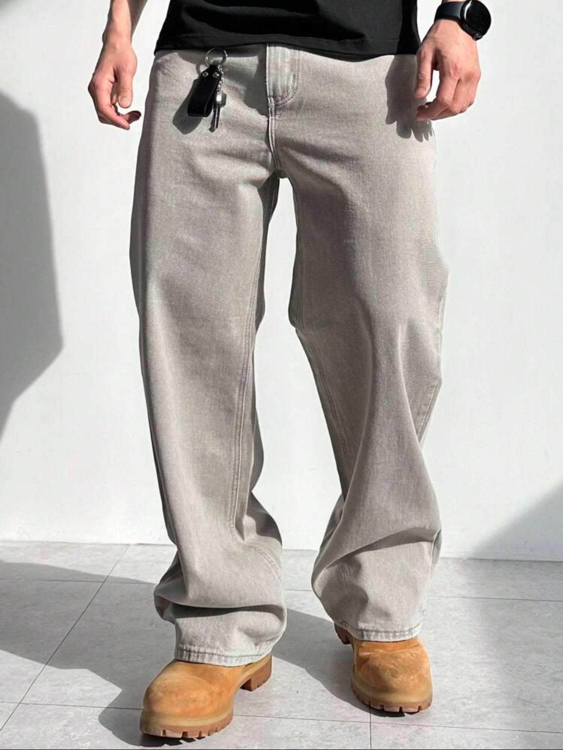 DAZY Jeans de algodón lavado color caqui claro para hombre, primavera