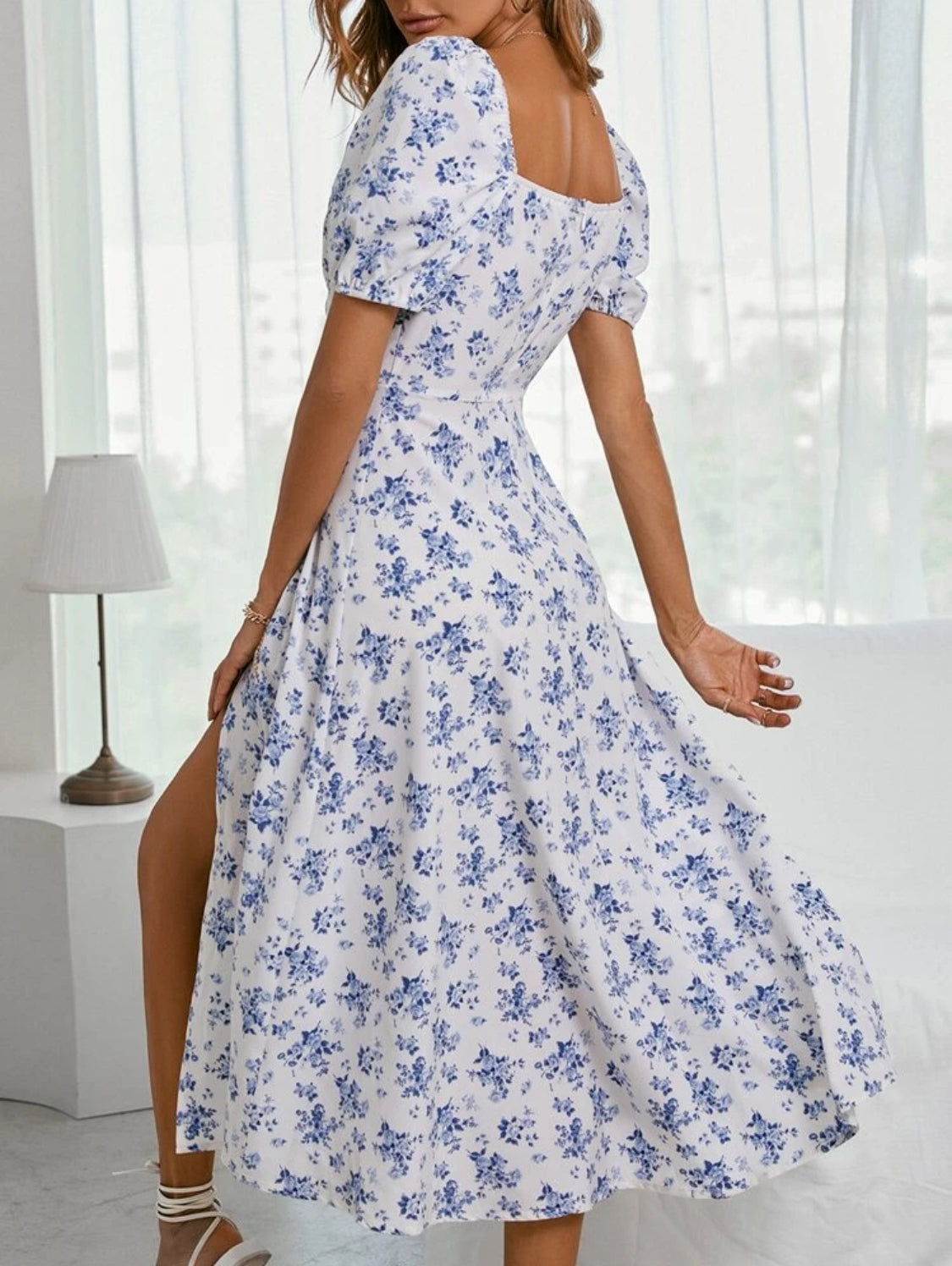 SHEIN Holidaya Vestido largo estilo A con abertura en el muslo, escote bote y estampado floral, vestido de vacaciones y playa para mujeres