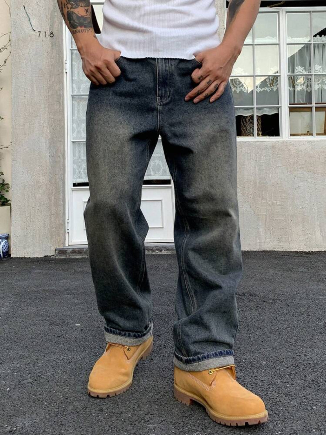 DAZY Pantalones vaqueros rectos informales para hombre con presillas para cinturón y bolsillos, unicolor, otoño