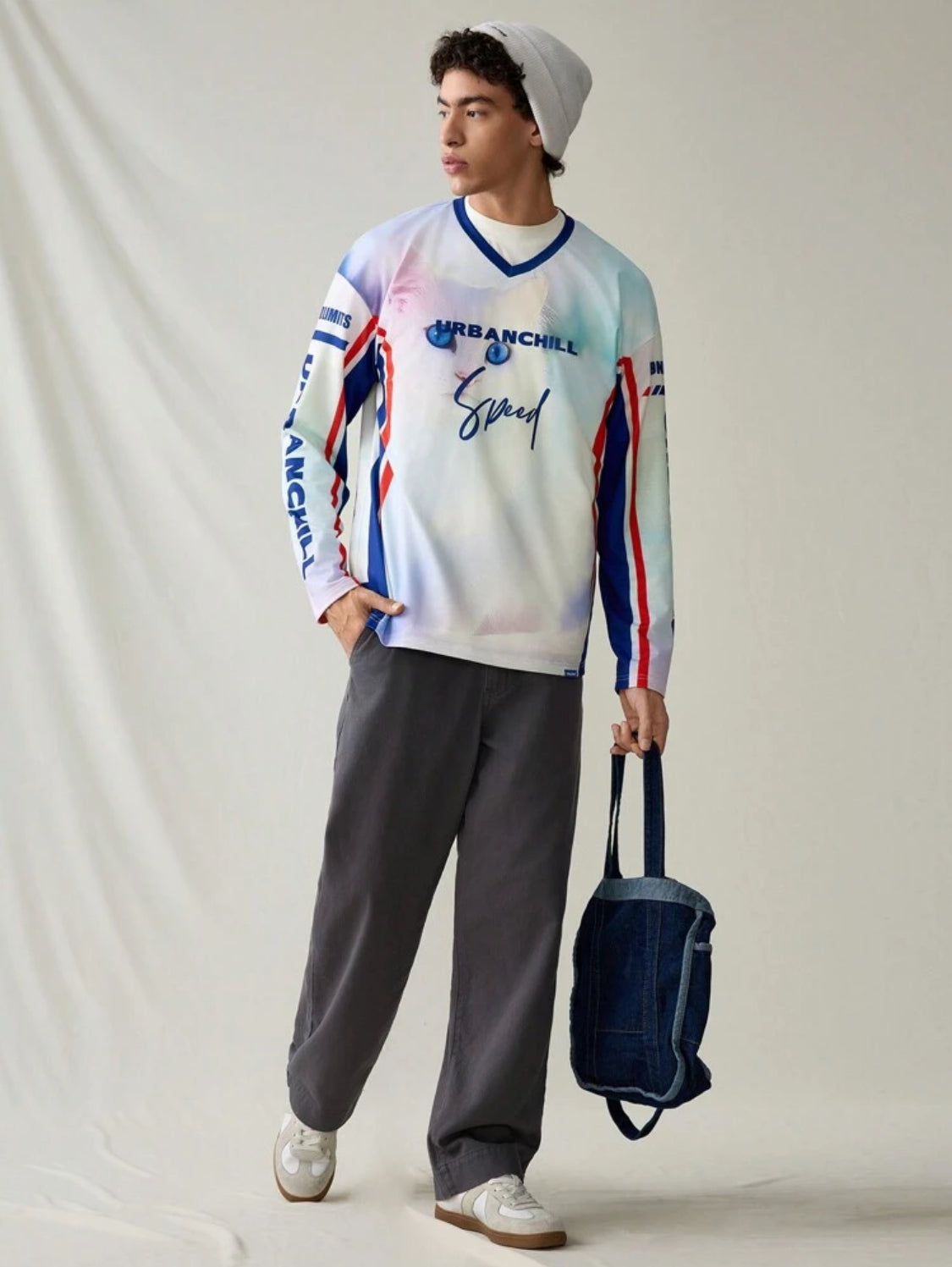 Manfinity Hypemode Pantalones casuales rectos y holgados de mezclilla gris claro para hombre, Urban Chill