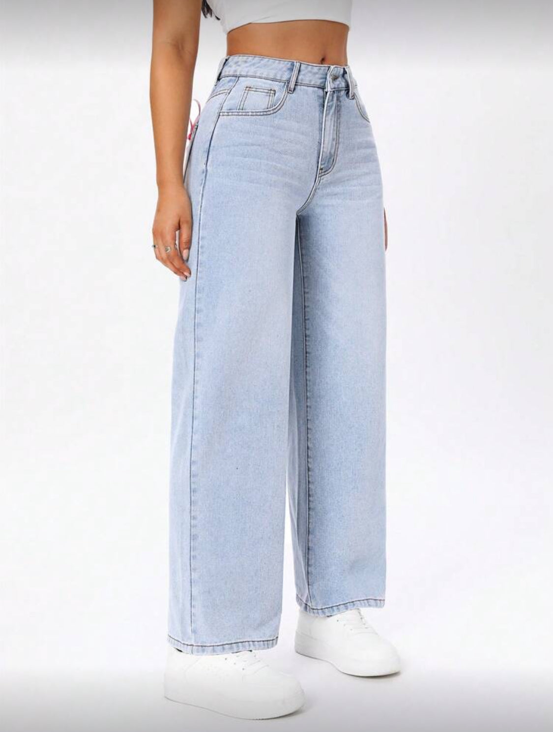 Jeans de mezclilla casuales para mujer con botones frontales, múltiples bolsillos y decoración de lazo