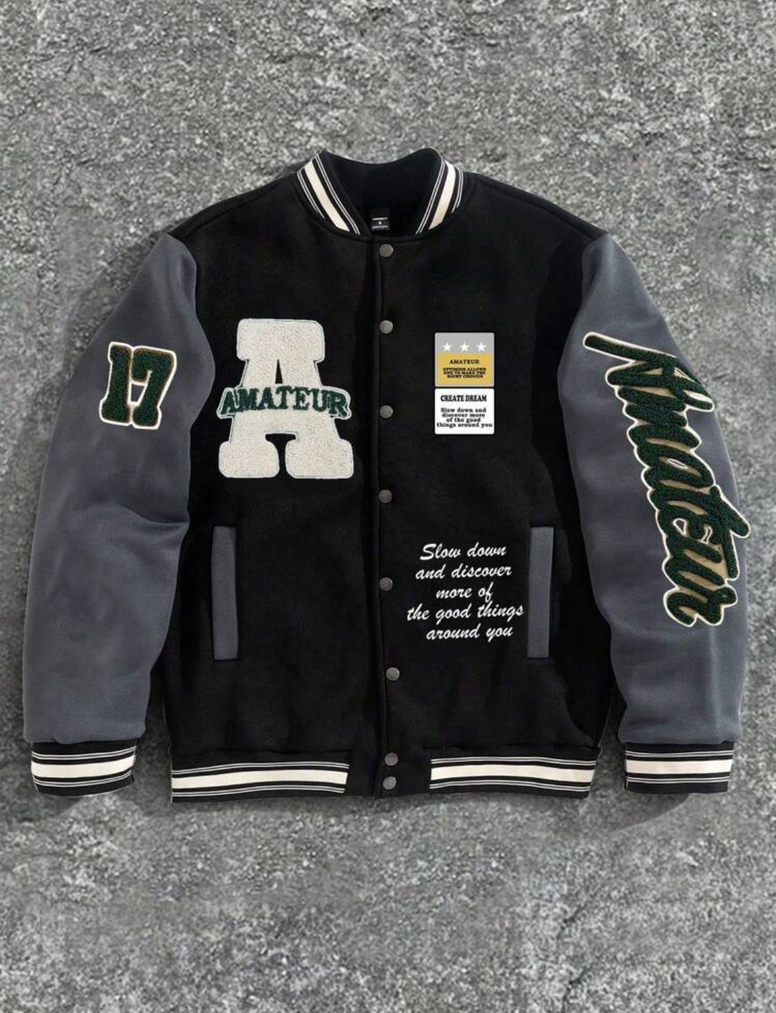 Manfinity Homme Chaqueta de béisbol con interior térmico, estilo universitario casual, con estampado de eslogan y ribete a rayas en contraste, para otoño/invierno