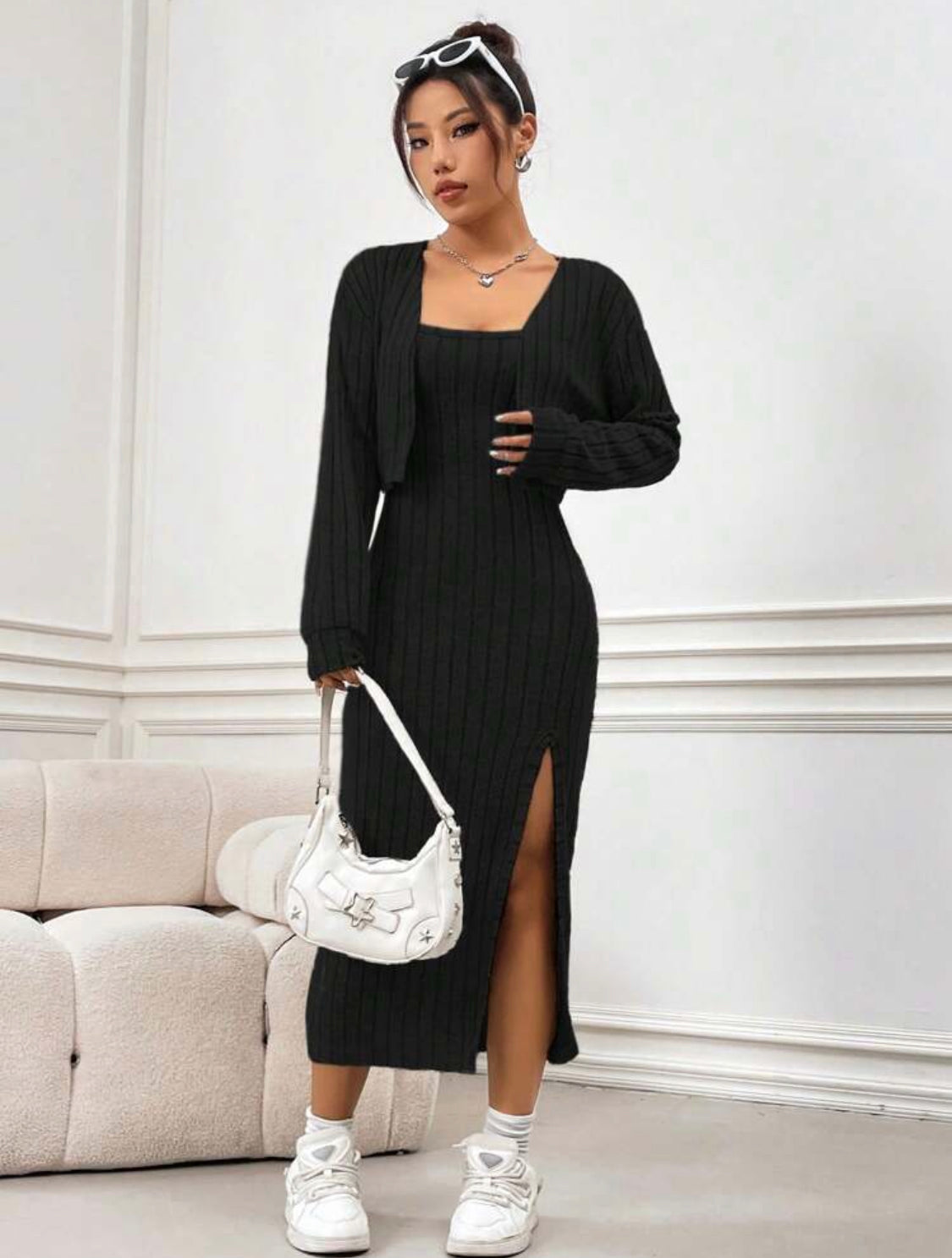 SHEIN MOOSTA Vestido Y Abrigo Con Tirantes De Espagueti Simple Y Casual, De Franela