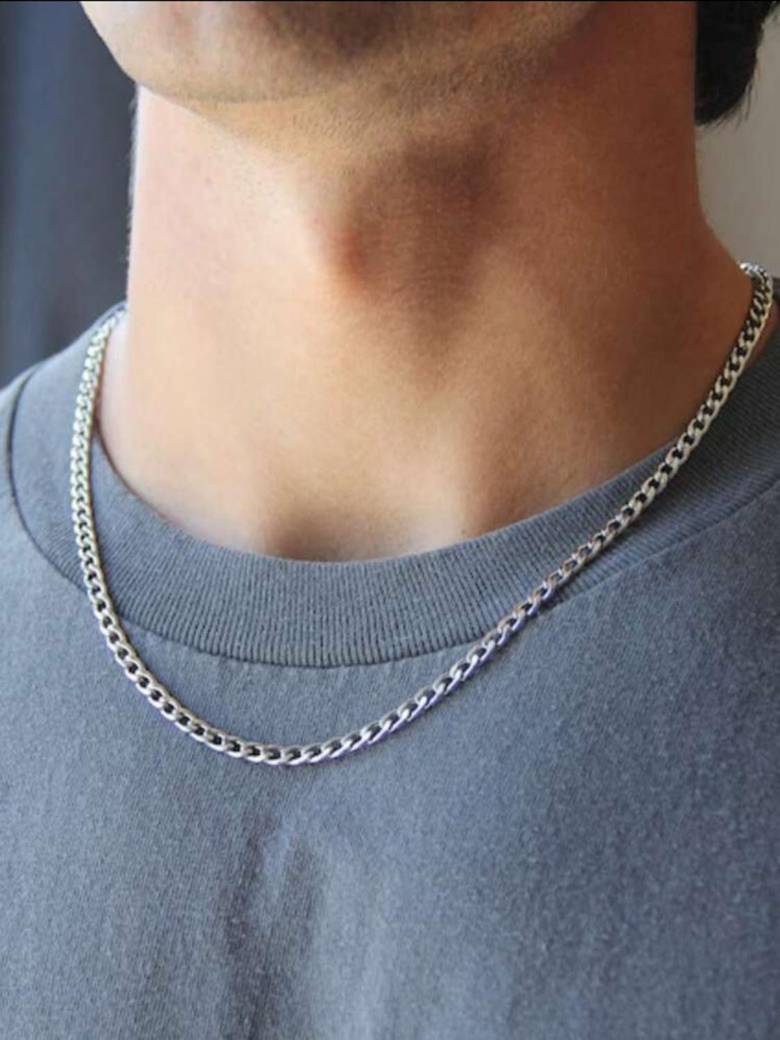 1 pieza Collar de cadena de eslabón tipo "cubo" de 4mm de plata para hombre, cadena de acero inoxidable a prueba de agua y sin oxidación, cadena simple de plata para hombres