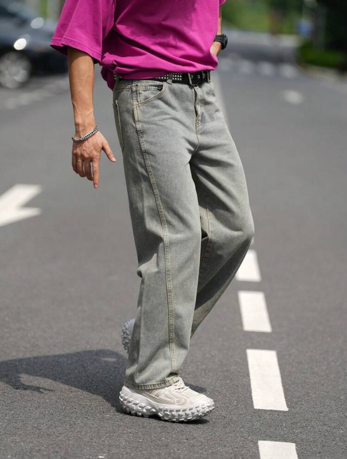 Manfinity Hypemode Pantalones vaqueros rectos informales de unicolor con bolsillos para hombres