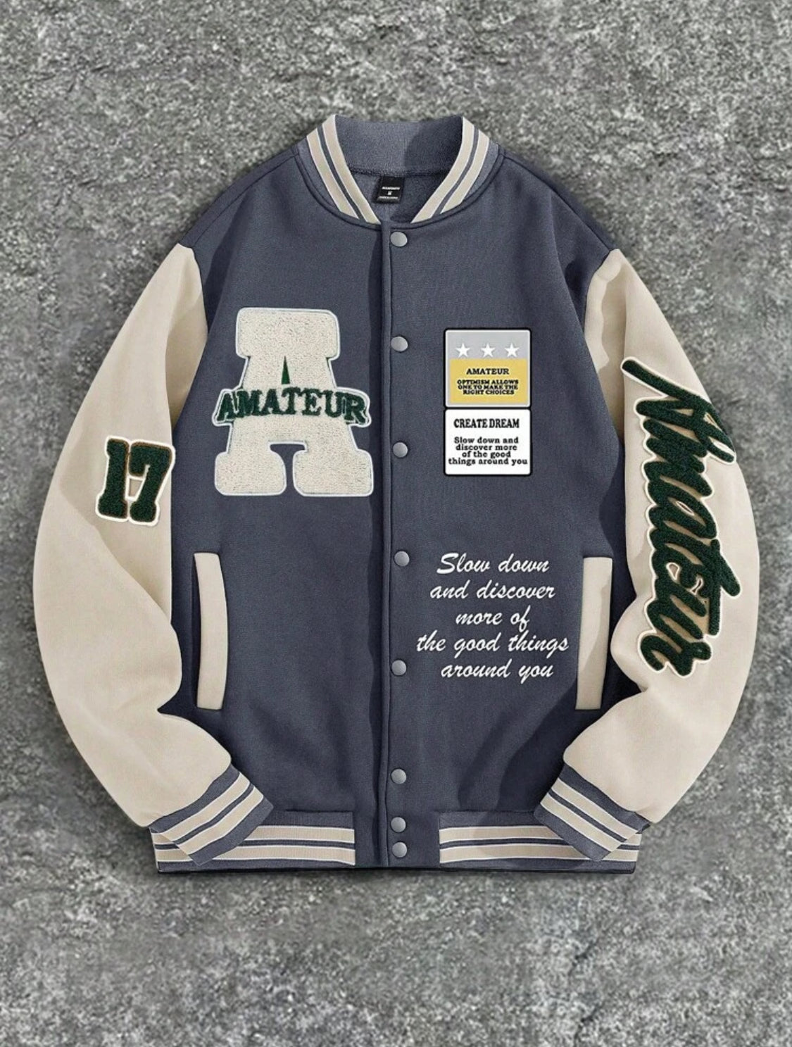 Manfinity Homme Chaqueta de béisbol con interior térmico, estilo universitario casual, con estampado de eslogan y ribete a rayas en contraste, para otoño/invierno