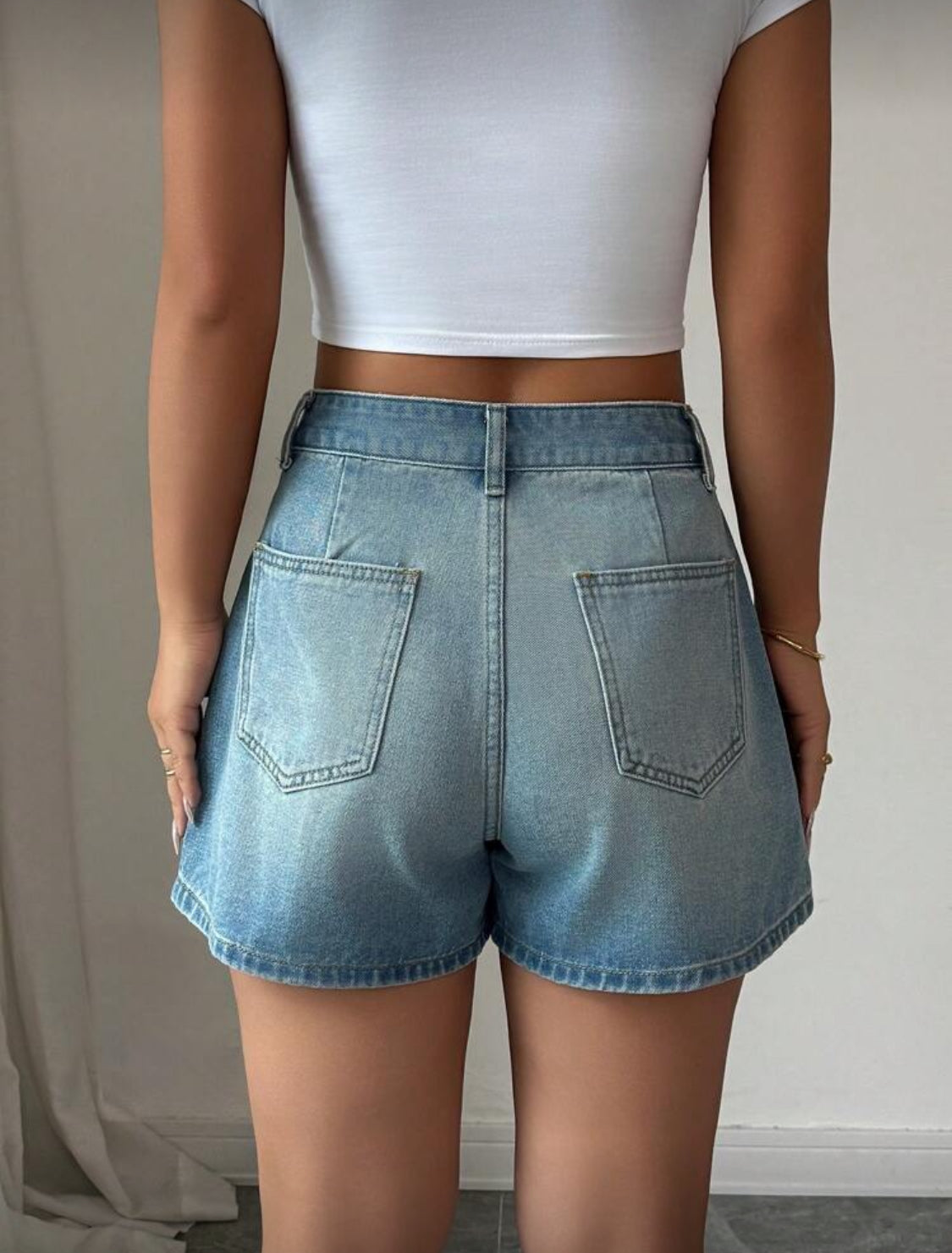Elenzga Pantalones cortos de mezclilla sueltos, casuales y versátiles con bolsillos y pliegues para mujer
