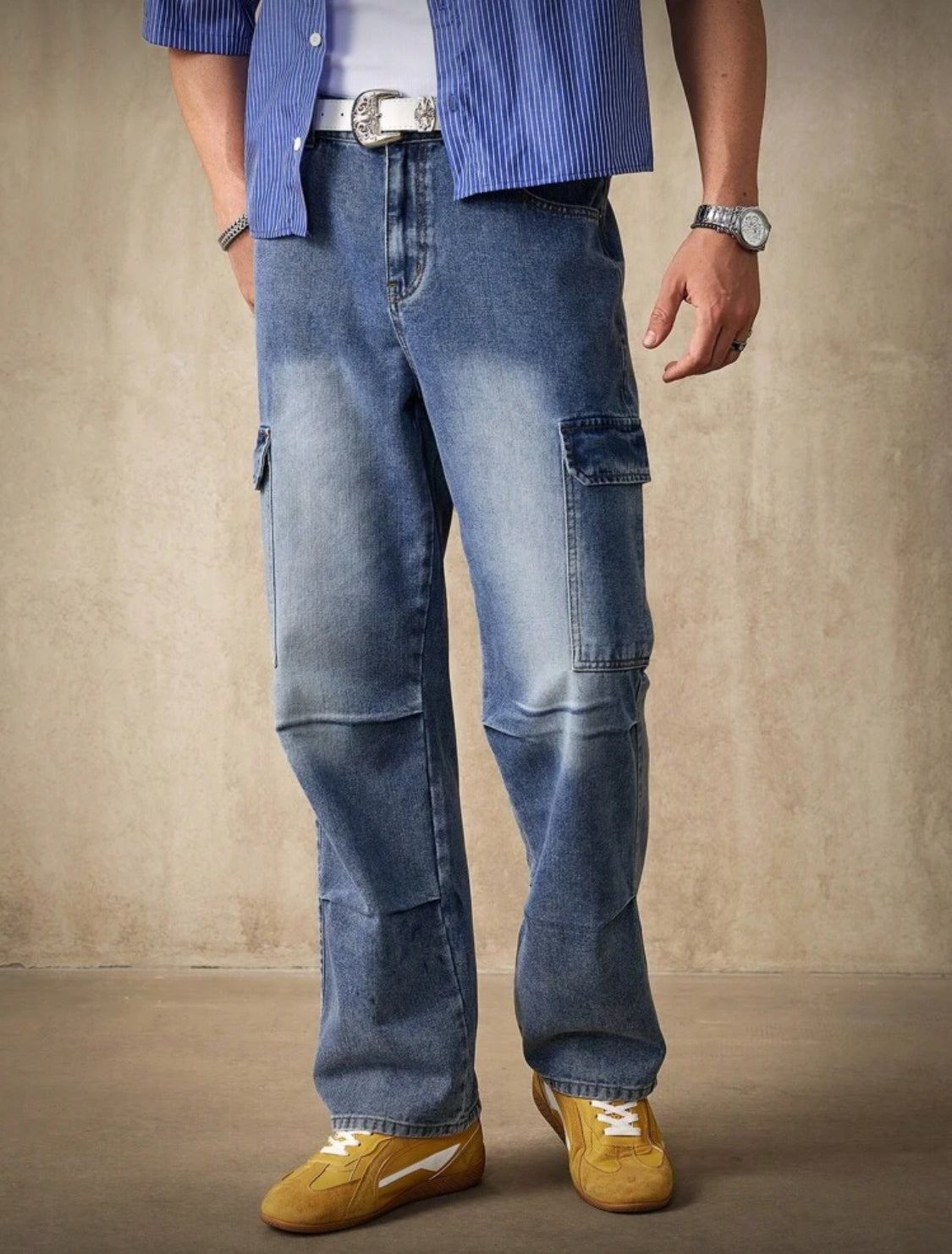 RivetRise Pantalones vaqueros de carga de mezclilla lavados informales para hombres